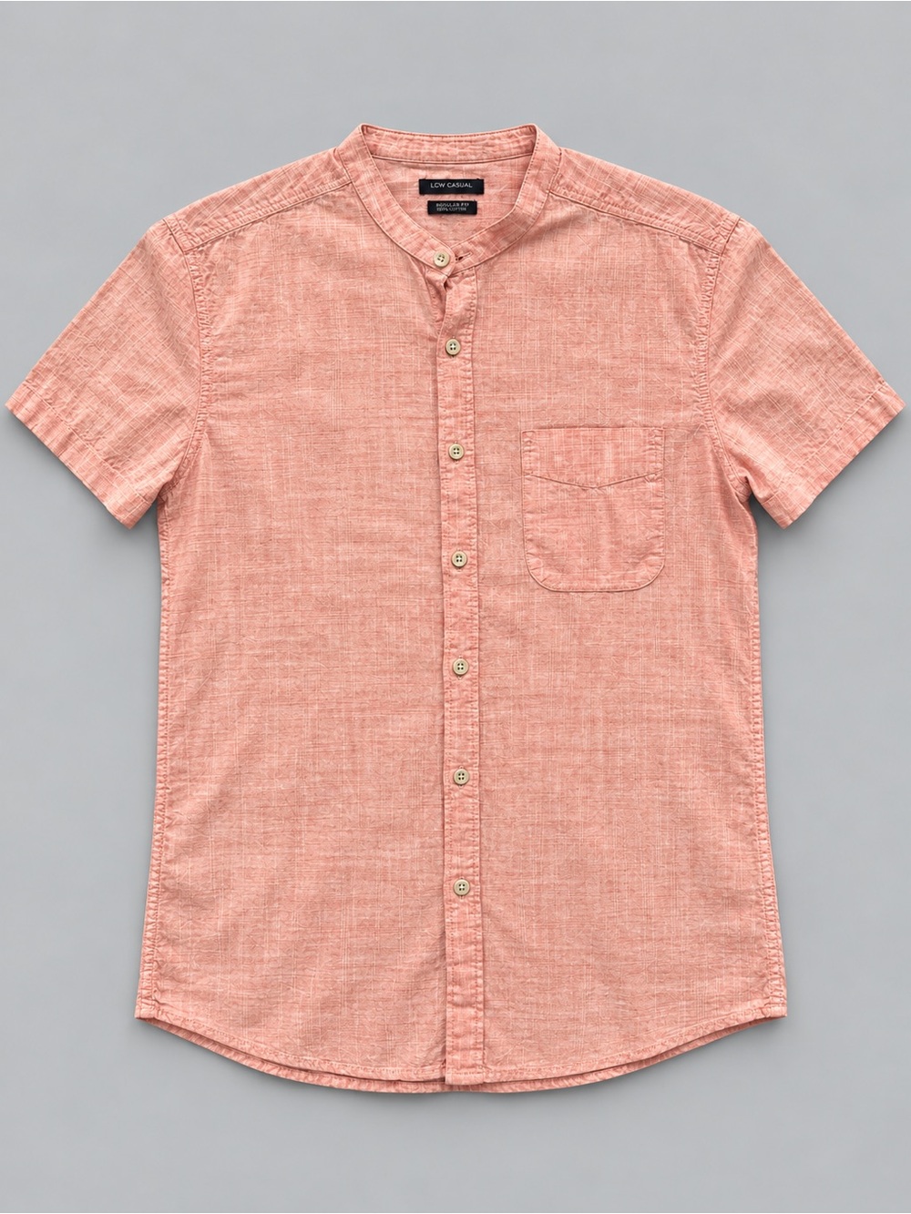 Short-Sleeve Band Collar Casual Shirt in Coral